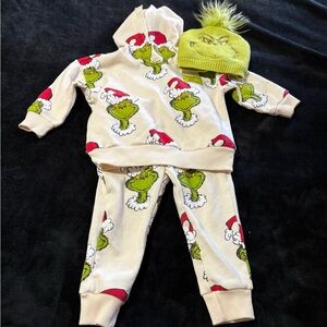 1-Grinch Themed Kids Hoodie and Pants Set with Hat
